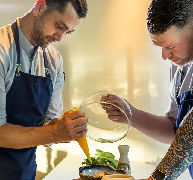 Twee koks bereiden een gerecht